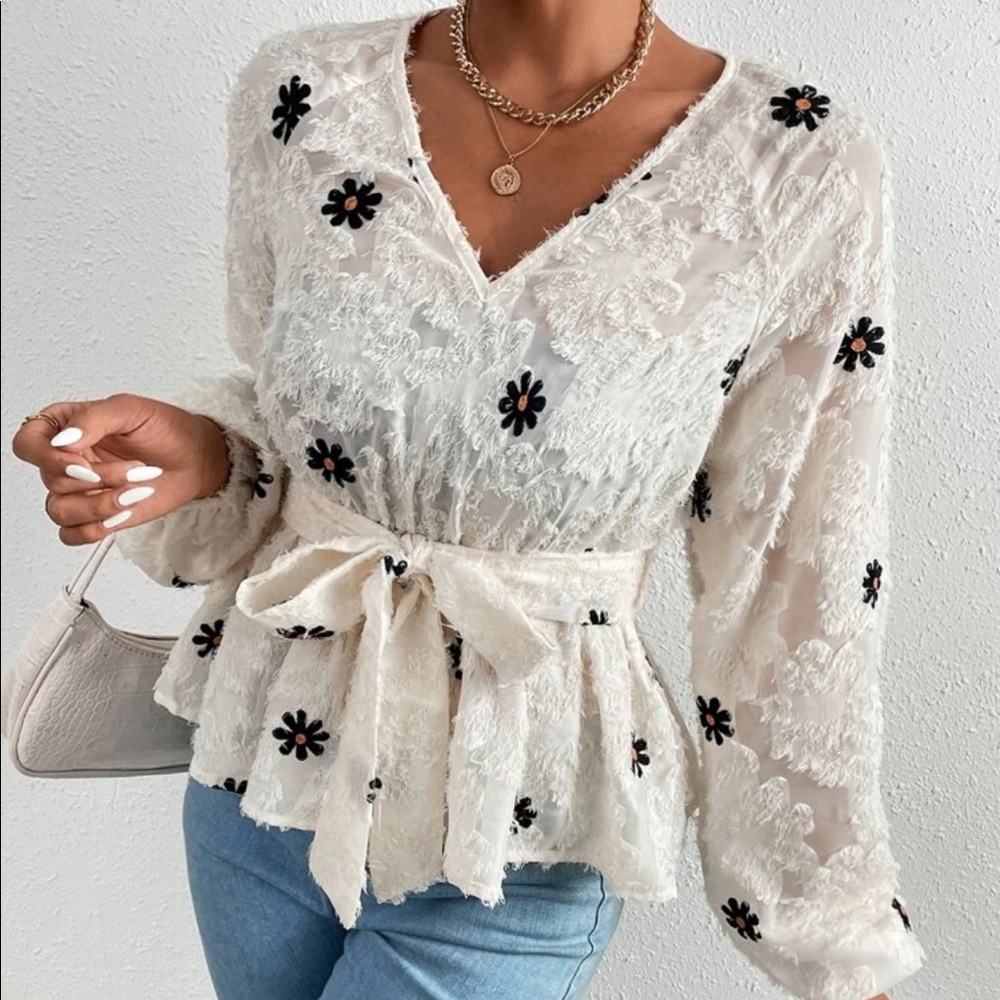 Cream black fuzzy floral design belted peplum blouse - Picture 1 of 5